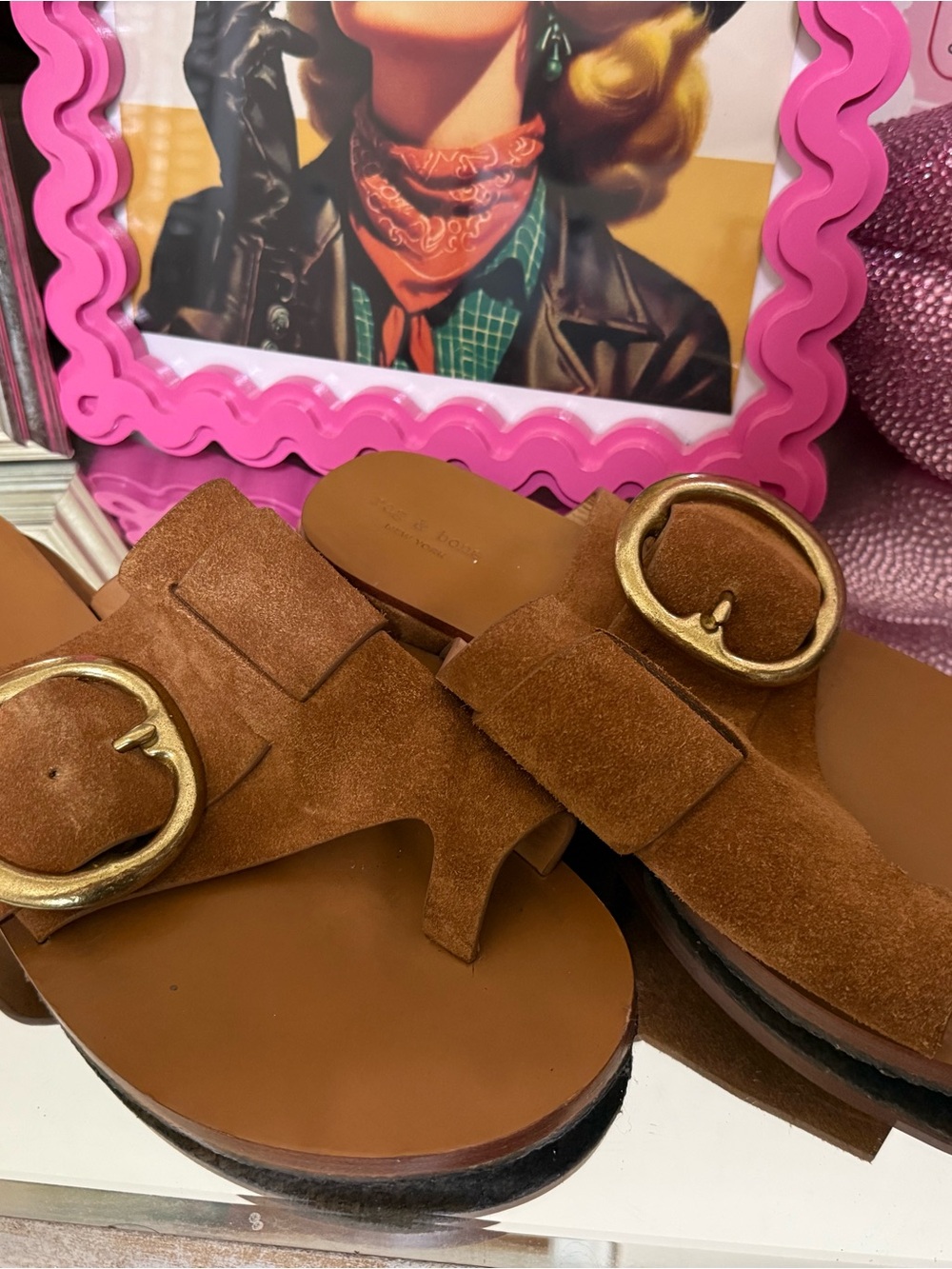 rag & bone Brown Suede Slide Sandals with Gold Buckles